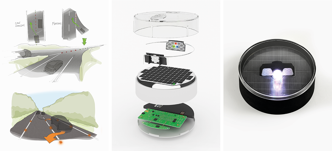 Left to right: sketch ideation of road stud signals, expanded view of stud components, prototype of stud unit