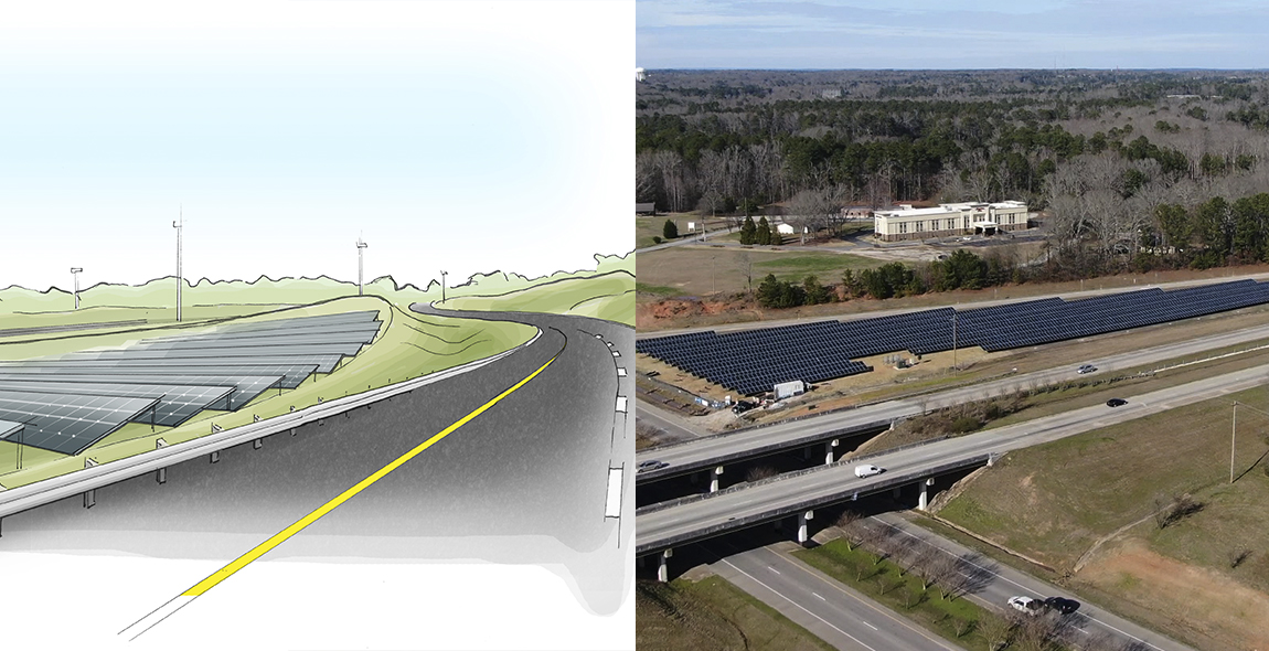 Figure 1 Our vision for roadside solar.  Figure 2 The Ray and Georgia Power have installed 1MW of roadside solar at Exit 14 on I-85 in Georgia.