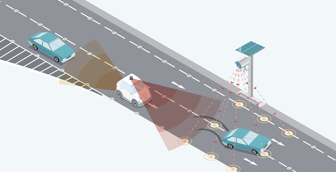 Figure 4 Smart connected road studs detect passing vehicles, communicate with both connected vehicles and a control box, and give visual signals to drivers